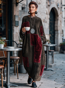 Women’s American Vintage Style Suede-Feel Maxi Dress With Burgundy Velvet Patchwork ZMZ2244J5ZYY