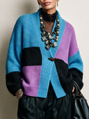 Women’s American Vintage Style Colorblock Rib-Knit Cardigan With Toggle Closure In Blue, Purple And Black ZMZ2257J3ZYY