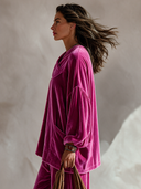 Women’s Classic Casual Fuchsia Velvet Pullover Shirt With Cross Neckline, Balloon Sleeves And Patch Pockets ZMZ2364J2ZYY