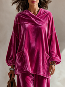 Women’s Classic Casual Fuchsia Velvet Pullover Shirt With Cross Neckline, Balloon Sleeves And Patch Pockets ZMZ2364J2ZYY