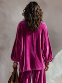 Women’s Classic Casual Fuchsia Velvet Pullover Shirt With Cross Neckline, Balloon Sleeves And Patch Pockets ZMZ2364J2ZYY
