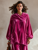 Women’s Classic Casual Fuchsia Velvet Pullover Shirt With Cross Neckline, Balloon Sleeves And Patch Pockets ZMZ2364J2ZYY