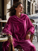 Women’s Classic Casual Fuchsia Velvet Pullover Shirt With Cross Neckline, Balloon Sleeves And Patch Pockets ZMZ2364J2ZYY