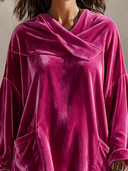 Women’s Classic Casual Fuchsia Velvet Pullover Shirt With Cross Neckline, Balloon Sleeves And Patch Pockets ZMZ2364J2ZYY