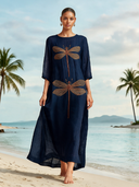 Women's Vintage Dragonfly Embroidered Linen Navy Blue Maxi Dress ZMZ2366J8XT