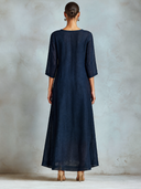 Women's Vintage Dragonfly Embroidered Linen Navy Blue Maxi Dress ZMZ2366J8XT