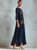 Women's Vintage Dragonfly Embroidered Linen Navy Blue Maxi Dress ZMZ2366J8XT