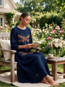 Women's Vintage Dragonfly Embroidered Linen Navy Blue Maxi Dress ZMZ2366J8XT