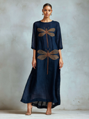 Women's Vintage Dragonfly Embroidered Linen Navy Blue Maxi Dress ZMZ2366J8XT