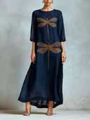 Women's Vintage Dragonfly Embroidered Linen Navy Blue Maxi Dress ZMZ2366J8XT
