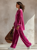Women’s Classic Casual Velvet Set: Asymmetric-Neckline Lantern-Sleeve Top And Elastic-Waist Wide-Leg Pants ZMZ2394J7ZYY