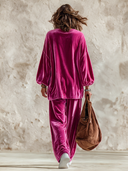 Women’s Classic Casual Velvet Set: Asymmetric-Neckline Lantern-Sleeve Top And Elastic-Waist Wide-Leg Pants ZMZ2394J7ZYY