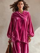 Women’s Classic Casual Velvet Set: Asymmetric-Neckline Lantern-Sleeve Top And Elastic-Waist Wide-Leg Pants ZMZ2394J7ZYY
