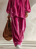 Women’s Classic Casual Velvet Set: Asymmetric-Neckline Lantern-Sleeve Top And Elastic-Waist Wide-Leg Pants ZMZ2394J7ZYY