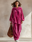 Women’s Classic Casual Velvet Set: Asymmetric-Neckline Lantern-Sleeve Top And Elastic-Waist Wide-Leg Pants ZMZ2394J7ZYY