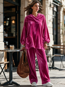 Women’s Classic Casual Velvet Set: Asymmetric-Neckline Lantern-Sleeve Top And Elastic-Waist Wide-Leg Pants ZMZ2394J7ZYY