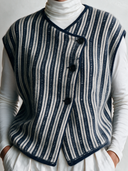 Women’s American Retro Casual Style Navy Striped V-Neck Vest Sleeveless Asymmetric Button-Front Waistcoat ZMZ2384J1ZYY