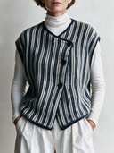 Women’s American Retro Casual Style Navy Striped V-Neck Vest Sleeveless Asymmetric Button-Front Waistcoat ZMZ2384J1ZYY