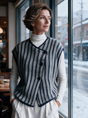 Women’s American Retro Casual Style Navy Striped V-Neck Vest Sleeveless Asymmetric Button-Front Waistcoat ZMZ2384J1ZYY