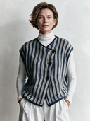 Women’s American Retro Casual Style Navy Striped V-Neck Vest Sleeveless Asymmetric Button-Front Waistcoat ZMZ2384J1ZYY