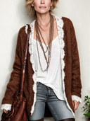Women's Vintage Brown Lace-trimmed Buttonless Knit Cardigan ZMZ2325J6SWL