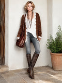 Women's Vintage Brown Lace-trimmed Buttonless Knit Cardigan ZMZ2325J6SWL