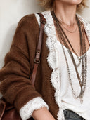 Women's Vintage Brown Lace-trimmed Buttonless Knit Cardigan ZMZ2325J6SWL