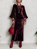 Women's Vintage Burgundy Velvet Floral Embroidered Dress ZMZ2372J1SWL