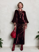 Women's Vintage Burgundy Velvet Floral Embroidered Dress ZMZ2372J1SWL