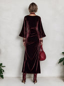 Women's Vintage Burgundy Velvet Floral Embroidered Dress ZMZ2372J1SWL