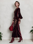 Women's Vintage Burgundy Velvet Floral Embroidered Dress ZMZ2372J1SWL