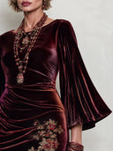 Women's Vintage Burgundy Velvet Floral Embroidered Dress ZMZ2372J1SWL