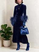 Women’s Vintage Navy Blue Velvet Dress With Faux-fur Cuffs ZMZ2373J7SWL