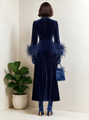 Women’s Vintage Navy Blue Velvet Dress With Faux-fur Cuffs ZMZ2373J7SWL