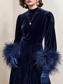 Women’s Vintage Navy Blue Velvet Dress With Faux-fur Cuffs ZMZ2373J7SWL