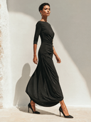 Women's Slim-fit Black Pleated Button-decorated Long-sleeved Maxi Dress ZMZ2385J6XT