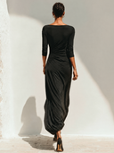 Women's Slim-fit Black Pleated Button-decorated Long-sleeved Maxi Dress ZMZ2385J6XT
