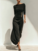 Women's Slim-fit Black Pleated Button-decorated Long-sleeved Maxi Dress ZMZ2385J6XT