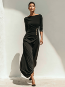 Women's Slim-fit Black Pleated Button-decorated Long-sleeved Maxi Dress ZMZ2385J6XT