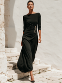 Women's Slim-fit Black Pleated Button-decorated Long-sleeved Maxi Dress ZMZ2385J6XT