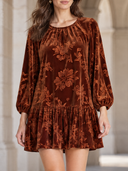 Women’s French-Style Velvet Floral-Print Low-Waist Lantern-Sleeve Mini Dress ZMZ2620J4XT