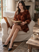 Women’s French-Style Velvet Floral-Print Low-Waist Lantern-Sleeve Mini Dress ZMZ2620J4XT