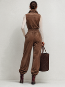 Women's Simple Brown Sleeveless High-Neck Front Zipper Faux Suede Jumpsuit ZMZ2604J2XT