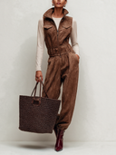 Women's Simple Brown Sleeveless High-Neck Front Zipper Faux Suede Jumpsuit ZMZ2604J2XT