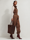 Women's Simple Brown Sleeveless High-Neck Front Zipper Faux Suede Jumpsuit ZMZ2604J2XT