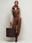 Women's Simple Brown Sleeveless High-Neck Front Zipper Faux Suede Jumpsuit ZMZ2604J2XT