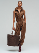 Women's Simple Brown Sleeveless High-Neck Front Zipper Faux Suede Jumpsuit ZMZ2604J2XT