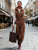 Women's Simple Brown Sleeveless High-Neck Front Zipper Faux Suede Jumpsuit ZMZ2604J2XT