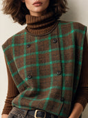 Women's Retro Plaid Faux Wool Round Neck Double-Breasted Vest ZMZ2636J9SWL