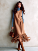 Women’s Vintage Herringbone Faux-Wool Sleeveless Tassel Dress ZMZ2661J1SWL